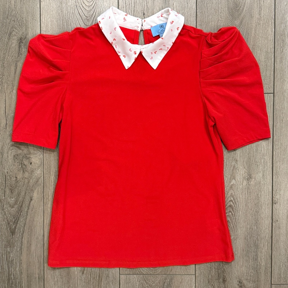 CeCe Red Blouse Patterned White Peter Pan Collar … - image 1